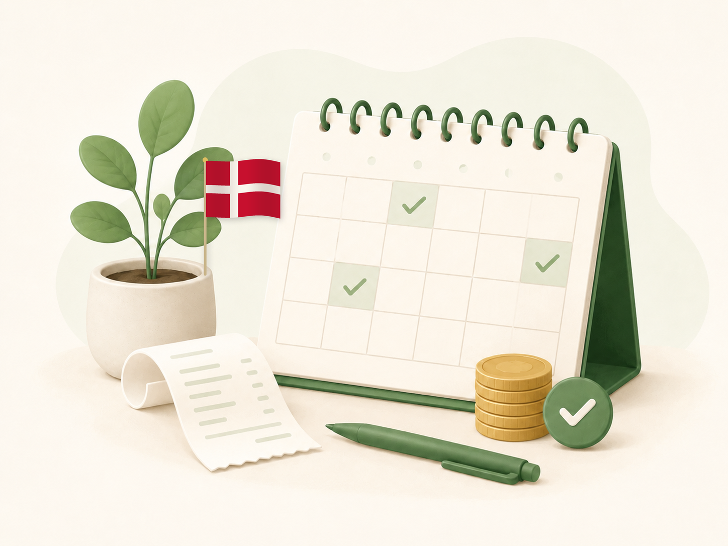 Kalender med dansk flag i en urtepotte